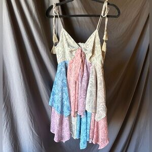 STORIA Colorful Tiered Boho Mini Dress Adjustable Straps Paisley Festival MEDIUM
